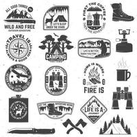 Set of outdoor adventure quotes symbol. Concept for shirt or logo, print, stamp or tee. Vintage design with hiking boots, binoculars, mountains, fishing bear, deer, tent and forest silhouette vector