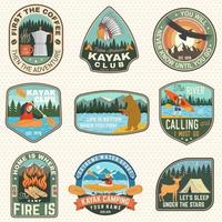 Set of Summer camp badges, patches. Vector. Concept for shirt or logo, print, stamp, patch or tee. Design with coffee, camping tent, campfire, bear, canoe or kayak and forest silhouette