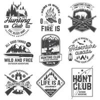 Set of hunting club and outdoor adventure quotes. Vector. Concept for shirt or logo, print, stamp, tee. Vintage design with hanter, hunting gun, mountains, bear, deer, tent and forest silhouette