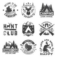 Set of hunting club and hiking club badge. Vector. Concept for shirt, logo, print, stamp. Vintage design with rv trailer, camping tent, boar, deer and forest silhouette vector