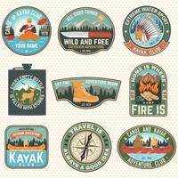Set of Summer camp badges, patches. Vector. Concept for shirt or logo, print, stamp, patch or tee. Design with campfire, knife, hiking boots, canoe or kayak and forest silhouette vector