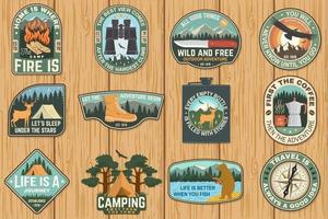 Set of outdoor adventure quotes symbol. Vector. Concept for shirt or print, stamp or tee. Vintage design with hiking boots, binoculars, mountains, fishing bear, deer, tent and forest silhouette vector