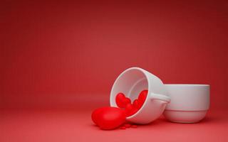 Happy Valentine's day background, hearts spilling out of a cup of coffee, 3D work and 3D illustration. photo