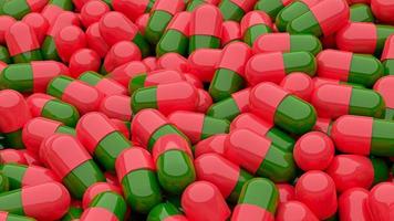 3D rendering illustration capsules of red and green capsules come in the background. photo