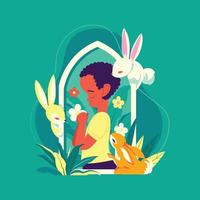 A Kid Praying With Easter Bunnies vector
