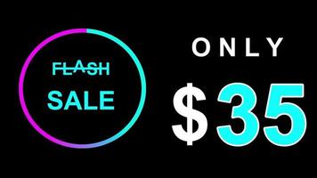 Flash sale text animation 35 dollar, spesial discount, sale off,sale off shopping neon sign animation. video
