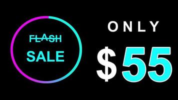 Flash sale text animation 55 dollar, spesial discount, sale off,sale off shopping neon sign animation.