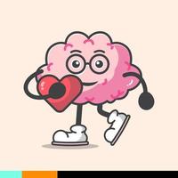 cute brain illustration carrying heart symbol vector