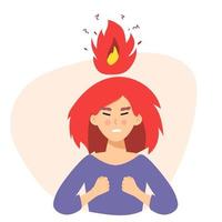 Angry woman. Head Vector illustration of anger, fury, annoyance. Anger, stressed Burnout, stress, emotional problem abstract concept. Burning brain. flame. flat character Depressed or mental illness.