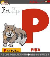 letter P from alphabet with cartoon pika animal character vector
