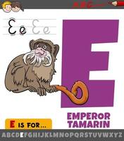 letter E from alphabet with cartoon emperor tamarin vector