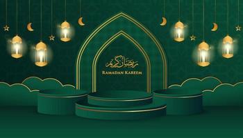 Tema de podio 3d ramadan kareem con marco y adornos de estrellas, lunas y linternas vector