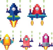 Set of pixel game spaceships isolated vector