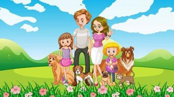 Outdoor scene with happy family and dogs vector