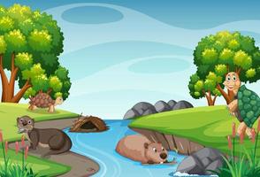 River in the forest scene with wild animals vector