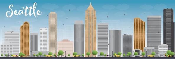 Seattle City Skyline with Grey Buildings and Blue Sky. vector