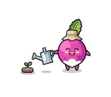 cute turnip is watering plant seeds vector