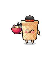 waffle cone as Chinese chef mascot holding a noodle bowl vector