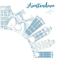 Outline Amsterdam city skyline with blue buildings and copy space. vector