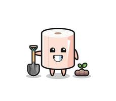 cute tissue roll cartoon is planting a tree seed vector