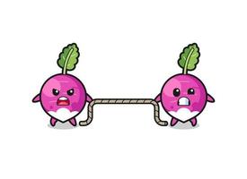 cute turnip character is playing tug of war game vector