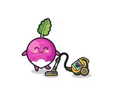 cute turnip holding vacuum cleaner illustration vector