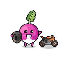 cute turnip cartoon as a motorcycle racer vector