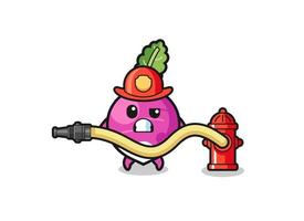 turnip cartoon as firefighter mascot with water hose vector