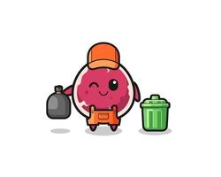 the mascot of cute beef as garbage collector vector