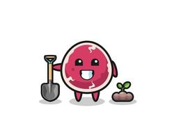 cute beef cartoon is planting a tree seed vector