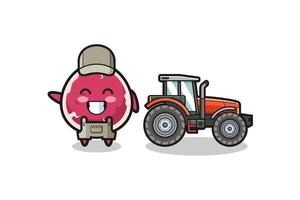 the beef farmer mascot standing beside a tractor vector