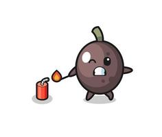 black olive mascot illustration playing firecracker vector