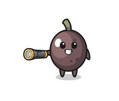 black olive mascot holding flashlight vector