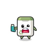 trash can mascot having asthma while holding the inhaler vector