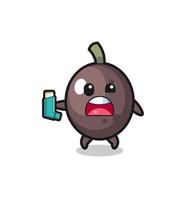 black olive mascot having asthma while holding the inhaler vector