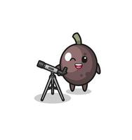 black olive astronomer mascot with a modern telescope vector