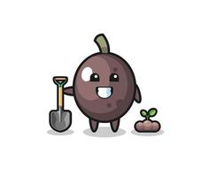 cute black olive cartoon is planting a tree seed vector