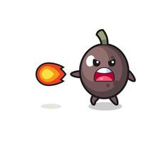 cute black olive mascot is shooting fire power vector