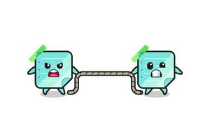 cute blue sticky notes character is playing tug of war game vector
