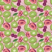 Fruit seamless pattern for textile products, cherry and kiwi pieces, bone and leaves in a flat style vector