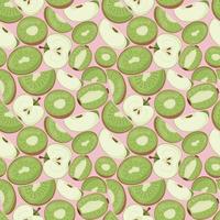 Fruit seamless pattern for textile products, apple and kiwi pieces, bone and leaves in a flat style vector