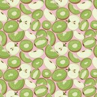 Fruit seamless pattern for textile products, apple and kiwi pieces, bone and leaves in a flat style vector