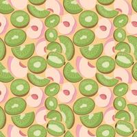 Fruit seamless pattern for textile products, peach and kiwi pieces, bone and leaves in a flat style vector