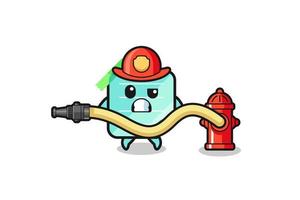 blue sticky notes cartoon as firefighter mascot with water hose vector