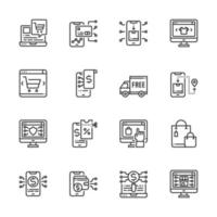 conjunto simple de iconos de compras en línea línea vector ilustración, cupón, pago, búsqueda, pago, teléfono inteligente