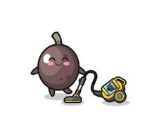 cute black olive holding vacuum cleaner illustration vector