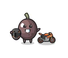 cute black olive cartoon as a motorcycle racer vector