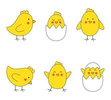 Set of cute Easter chickens in cartoon style. vector