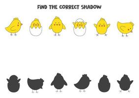 Find the correct shadows of cute Easter chickens. Logical puzzle for kids. vector