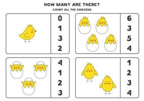 Counting game with Easter chickens. Educational worksheet. vector